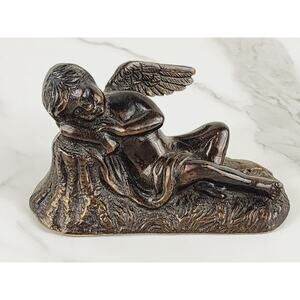 Bronze Sculpture Sleeping Cherub Angel w/ Wings Figurine 5" Home Decor 80's Vtg